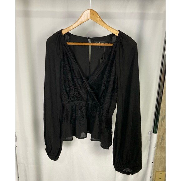 Lulu's Small Peasant Chiffon Lace Surplice Blouse Top Cropped Black Cocktail NWT - Picture 1 of 10